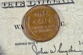 Two wheat ears surrounding lettering on the reverse side of One American cent coin series 1957, Obverse side features Abraham Royalty Free Stock Photo