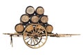 Two-wheeled wooden wagon retro with barrels of wine on white background