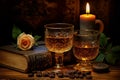 Two whiskey glasses in a cozy vintage atmosphere with a book, candle, and flower