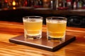 two whiskey sours on coasters at a wooden bar counter