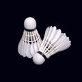 Two white badminton shuttlecocks from synthetic feathers isolated on black background indoor studio shot  closeup Royalty Free Stock Photo