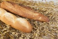 Two white baguette homemade bread on the table with rye spikelet and oats .