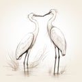 Minimalist Line Drawing Of Two White Cranes Kissing In Detailed Sketch Style