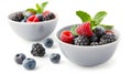 Two white bowls filled with fresh raspberries, blueberries, and blackberries, garnished with mint leaves on a white background Royalty Free Stock Photo