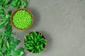 Two white bowls of fresh young green peas with stitches and peeled leaves against the background of shoots, sprigs of Royalty Free Stock Photo