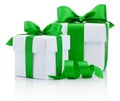 Two White boxs tied green ribbon bow Isolated on white