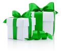 Two White boxs tied green ribbon bow Isolated on white Royalty Free Stock Photo