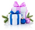 Two white boxs tied pink and blue ribbon bow, pine tree branch and christmas balls Isolated on white Royalty Free Stock Photo