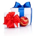 Two White boxs tied with Red and Blue satin ribbon bow Royalty Free Stock Photo