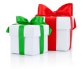 Two White boxs tied red and green ribbons bow Isolated on white Royalty Free Stock Photo