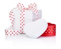 Two White boxs tied satin ribbon with heart symbol bow Isolated