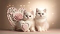 Two white British cats sitting near a retro-style decorative heart on a pastel background bokeh