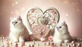 Two white British cats sitting near a retro-style decorative heart on a pastel background bokeh