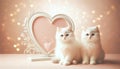 Two white British cats sitting near a retro-style decorative heart on a pastel background bokeh