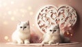 Two white British cats sitting near a retro-style decorative heart on a pastel background bokeh