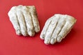 Two white broken hands of a stone statue