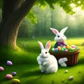 Two white bunnies with a basket of Easter eggs in nature in spring Royalty Free Stock Photo