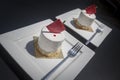 Two white cakes with red chocolate on white plates in a cafe. Dark background. Royalty Free Stock Photo