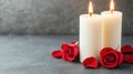 Two white candles with red roses on a gray background, AI Royalty Free Stock Photo