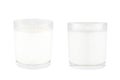 Two white candles in transparent glass isolated, mock up for branding identity of product, advertising, presentation, design.