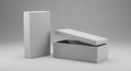 Two white cardboard boxes one open and one closed standing on gray surface storage containers Royalty Free Stock Photo