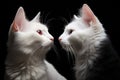 Two white cats peacefully seated next to each other on a comfortable chair, Two white cats against a black background with a Royalty Free Stock Photo