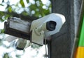 two white CCTV cameras mounted on a pole Royalty Free Stock Photo