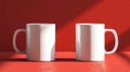Two white ceramic mugs mockup against bold red backdrop with striking shadows, ai generated Royalty Free Stock Photo