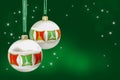 Two White Christmas Balls On A Green Background