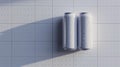 Two white condensation cans mockup on textured tiled surface, ai generated Royalty Free Stock Photo