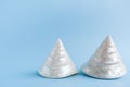 Two white conical pointed mother-of-pearl seashells on light blu