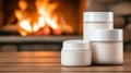 Two white containers of creams and lotions on a table in front of fire, AI Royalty Free Stock Photo