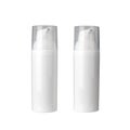 Two white cosmetic cream bottles with dispenser on white background isolated closeup, face cream bottle with transparent caps set