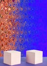 Two white cubic podiums on a blue background with a geometric orange pattern. Mockup for demonstrating products Royalty Free Stock Photo