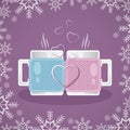 Two white cups in knitted covers, filled with a hot drink, stand opposite each other. In the foreground of the composition of the Royalty Free Stock Photo