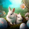 Two white cute rabbits are sitting in a basket with easter eggs Royalty Free Stock Photo