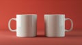 Two white cylindrical mugs mockup side by side against solid red background, ai generated Royalty Free Stock Photo