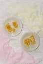 Two white dessert plates with pieces of honeycomb Royalty Free Stock Photo