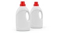 Two white detergent bottles with red caps placed side by side on a plain background Royalty Free Stock Photo