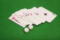 Two White Dices And Playing Cards Royalty Free Stock Photo