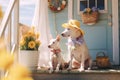 Two white dogs sit on decorated Easter porch, Easter symbols and spring flowers of scandinavian rural house on early spring sunny