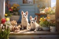Two white dogs sit on decorated Easter porch, Easter symbols and spring flowers of house on early spring sunny day
