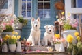 Two white dogs sit on decorated Easter porch, Easter symbols and spring flowers of scandinavian rural house on early spring sunny