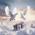 Two white doves in flight over two presents around snow falling snow.Valentine\'s Day banner with space for your own co