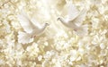 Two white doves flying gracefully among delicate white flowers in a serene, soft-lit environment during spring Royalty Free Stock Photo
