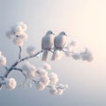 Two white doves sitting on a branch of a blossoming flower tree in winter, snowy morning, generative ai Royalty Free Stock Photo