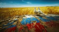 Two white doves sitting on destroyed concrete painted in russian colors, yellow wheat fields with blue sky, concept of Ukraine Royalty Free Stock Photo