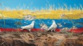 Two white doves sitting on mud, wall with russian colors sinking Ukrainian colors on top, yellow wheat fields with blue sky rises Royalty Free Stock Photo