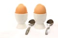 Two white egg cups with brown eggs Royalty Free Stock Photo