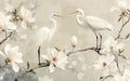 Two white egrets perched on magnolia tree branches, soft focus, white background Royalty Free Stock Photo